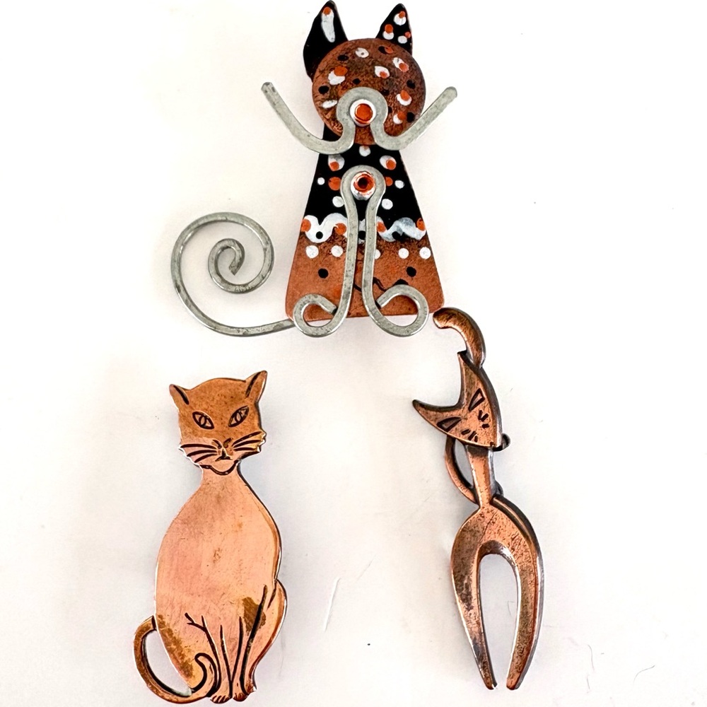 Brutalist Brooches Copper & Mixed Metal Cat Pins Lot of 3